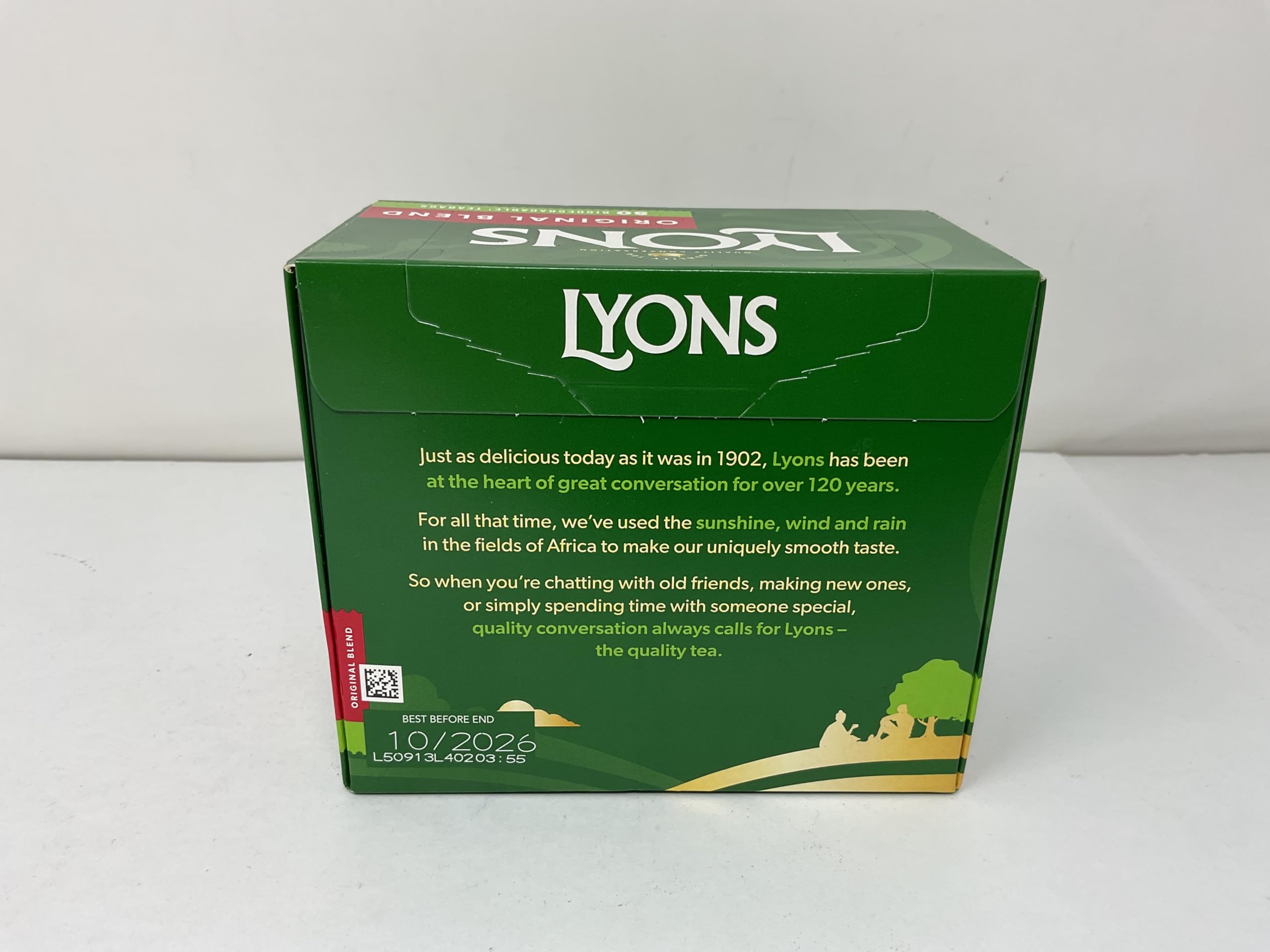 Lyons next to a tea cup for scale, visualizes 80-bag quantity and value benefit