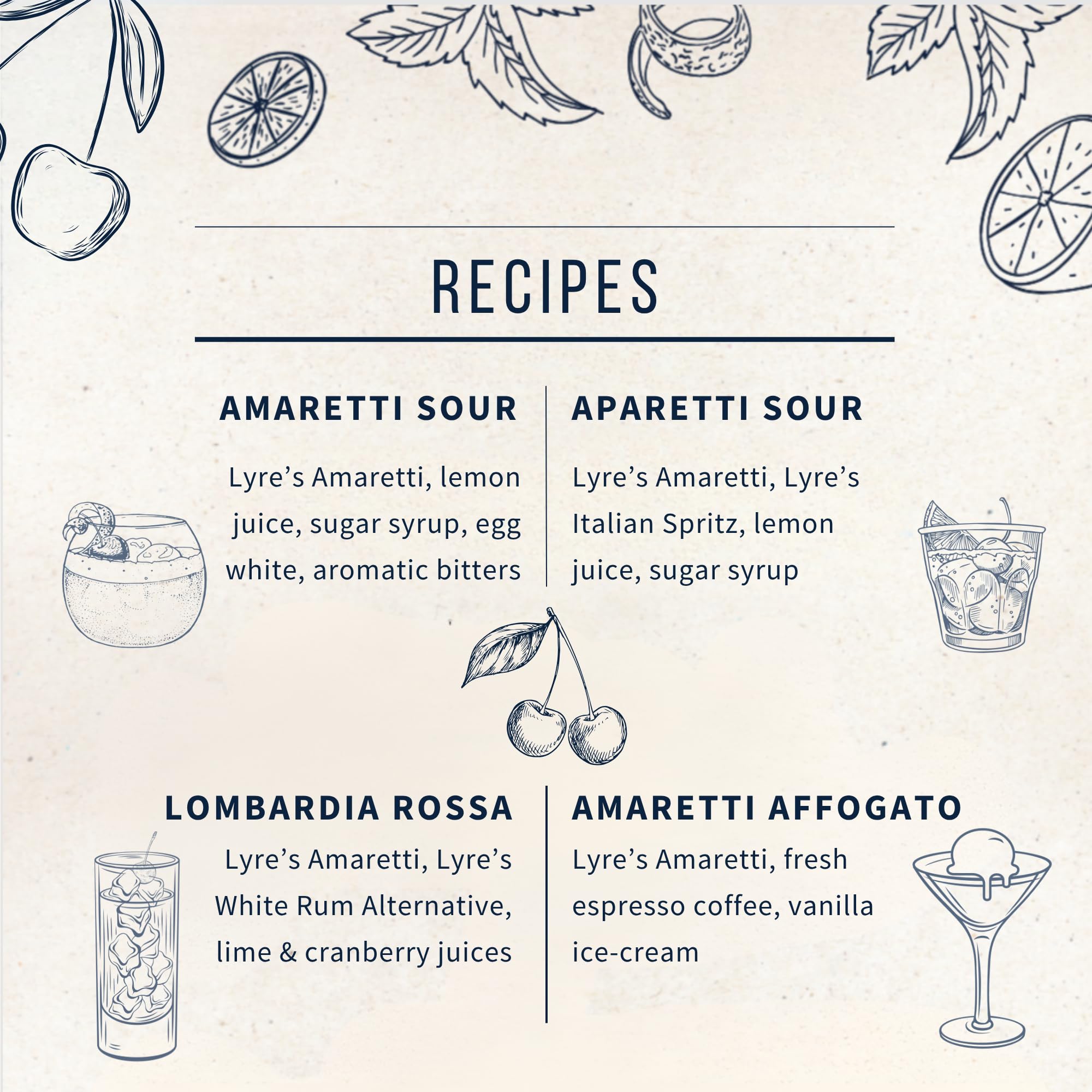 LYRE'S used in an Amaretto Sour mocktail showcasing balanced citrus pairing