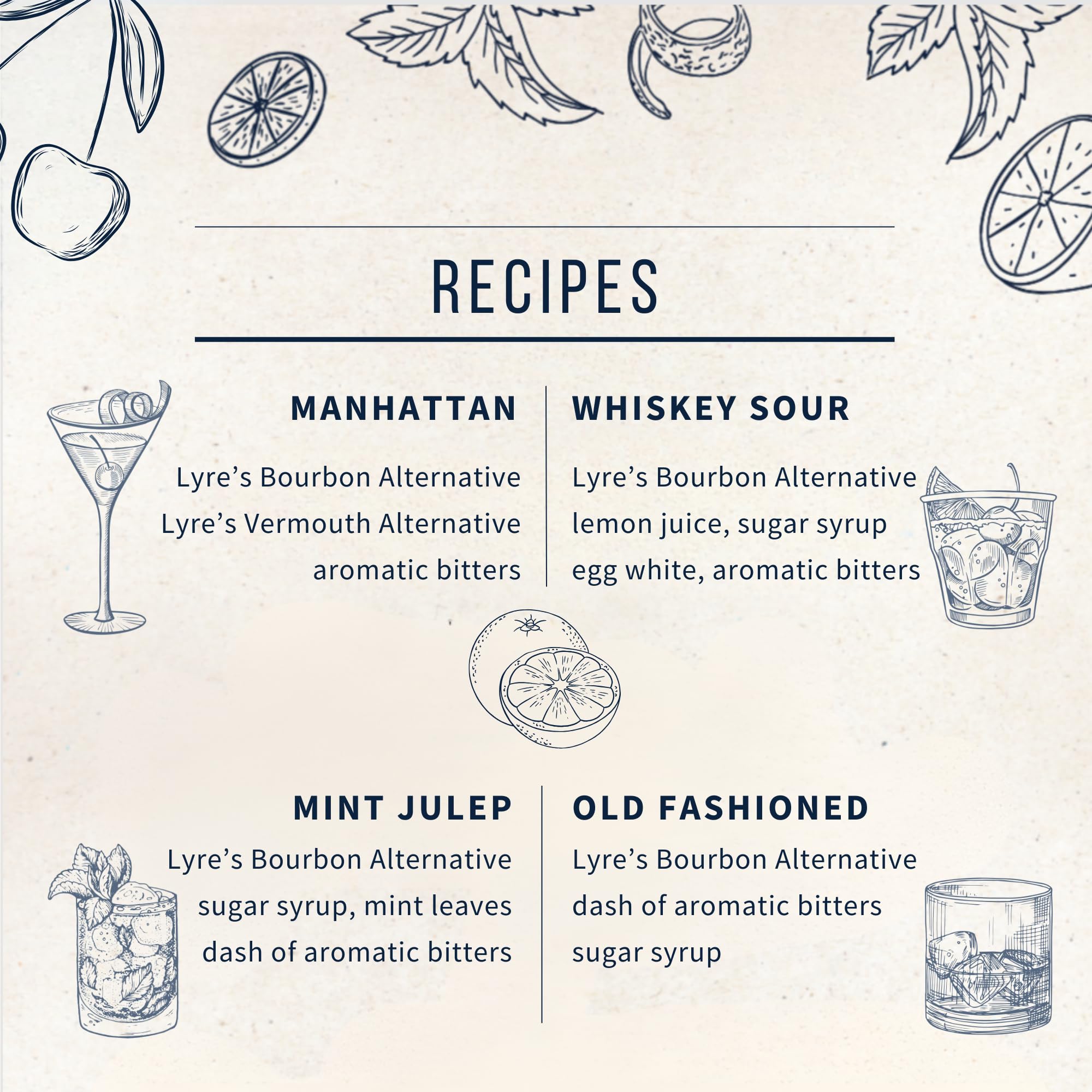 Lyre's bottle surrounded by botanicals and mixers for recipe inspiration