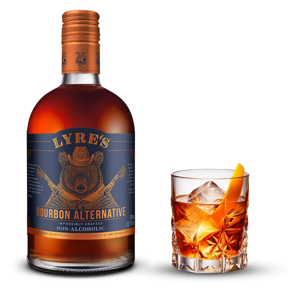 Lyre's bottle front view showing label and bourbon-style appeal