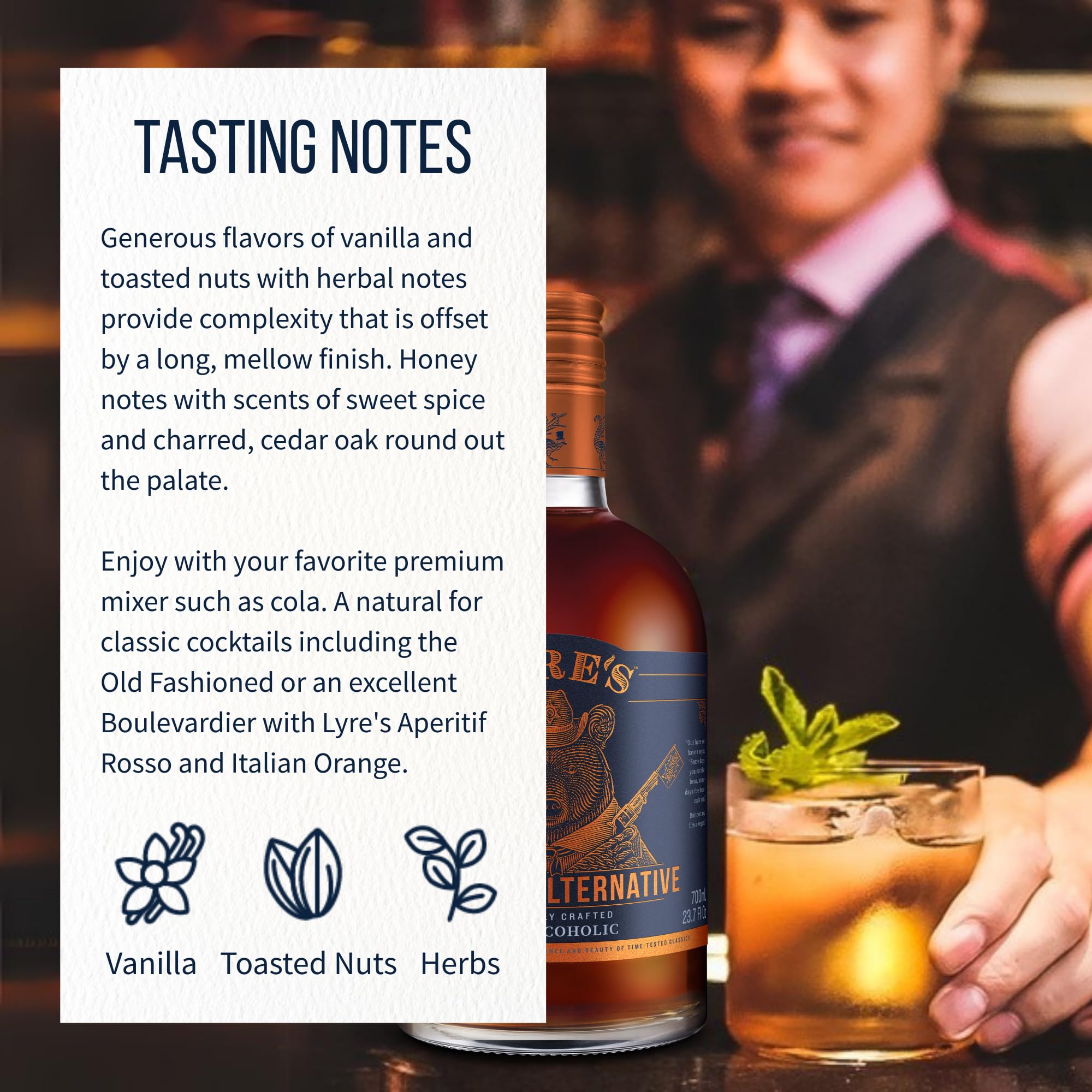 Lyre's poured into an Old Fashioned glass for cocktail enjoyment