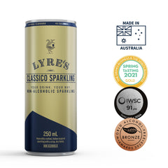 Lyre's can close-up with visible bubbles highlighting fresh sparkling flavor