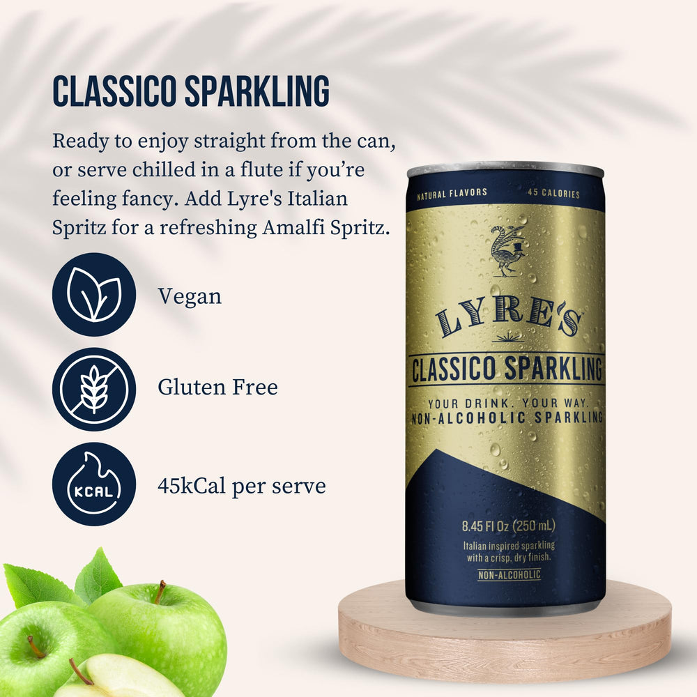 Lyre's can opened and pouring sparkling liquid to show ready-to-drink convenience