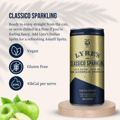 Lyre's can opened and pouring sparkling liquid to show ready-to-drink convenience