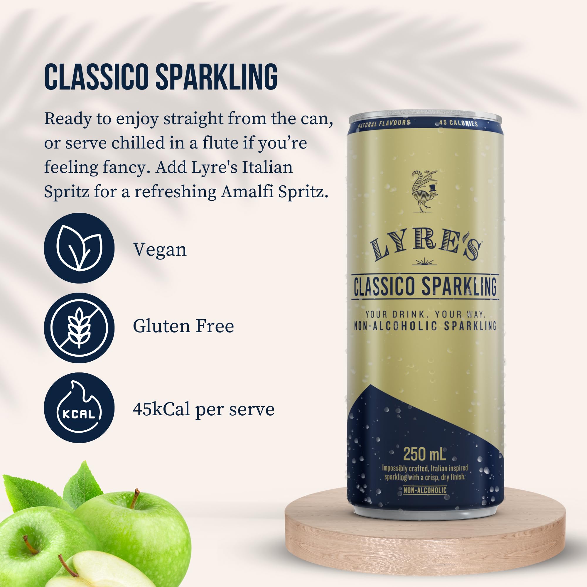 Lyre's side label close-up showing product details and quality reassurance