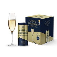 Lyre's front four-pack cans showing brand and celebratory look, convenient gifting benefit