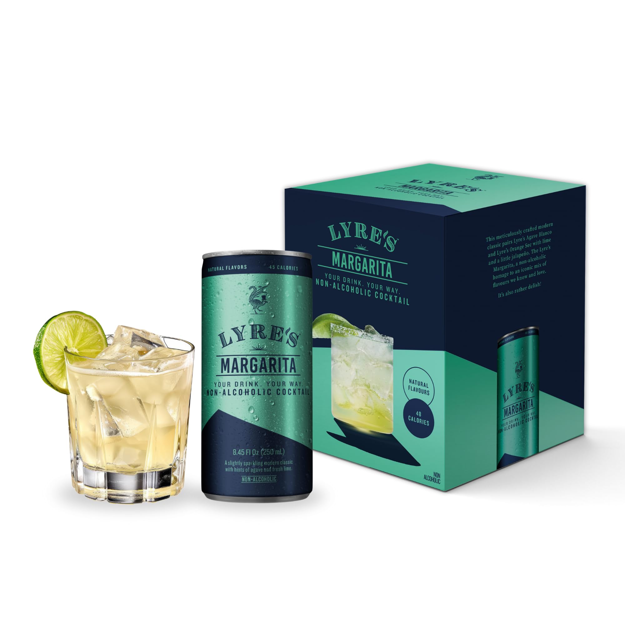 Lyre's front packaging showing four ready-to-drink margarita cans for easy serving