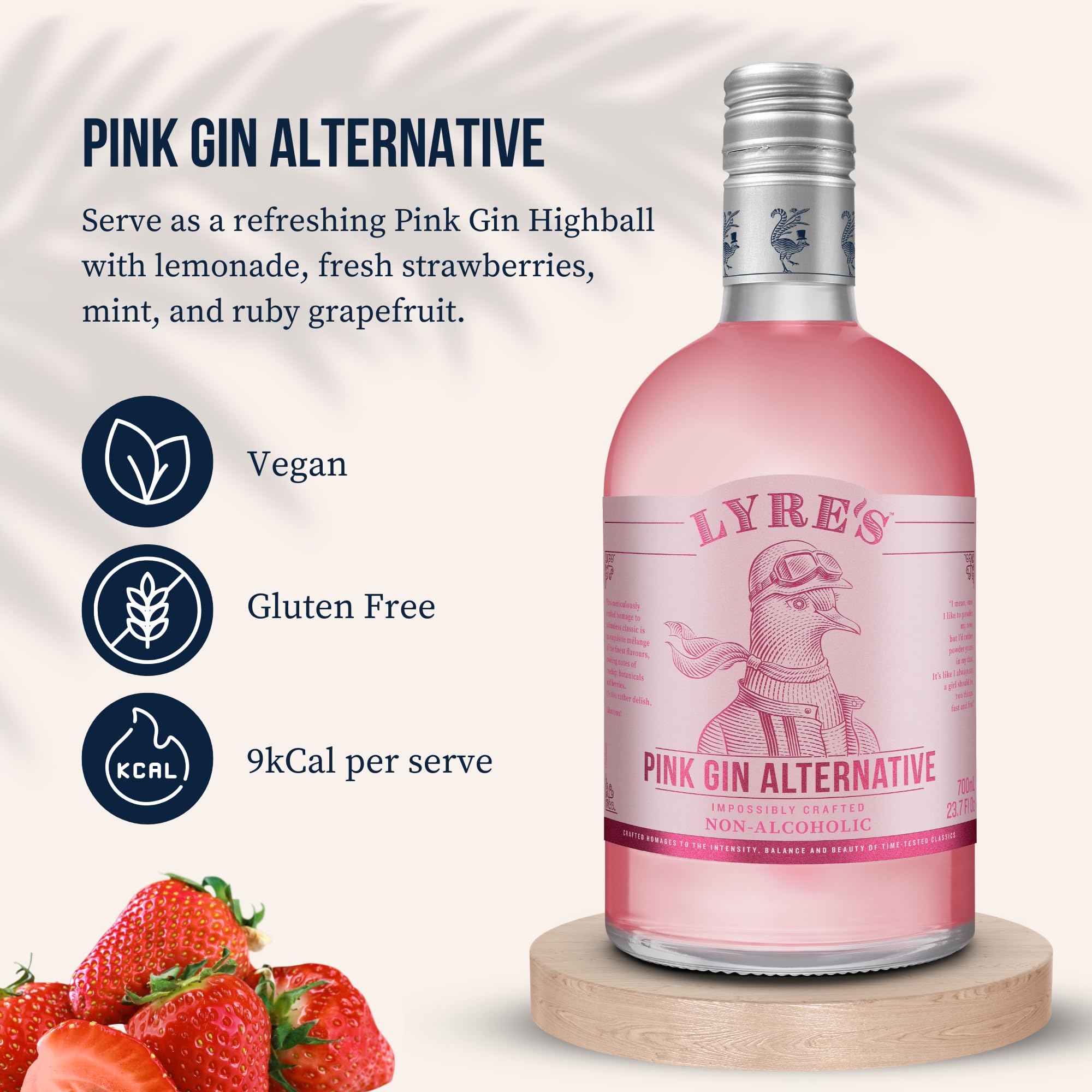Lyre's pink label detail focused on branding and award note for gifting appeal