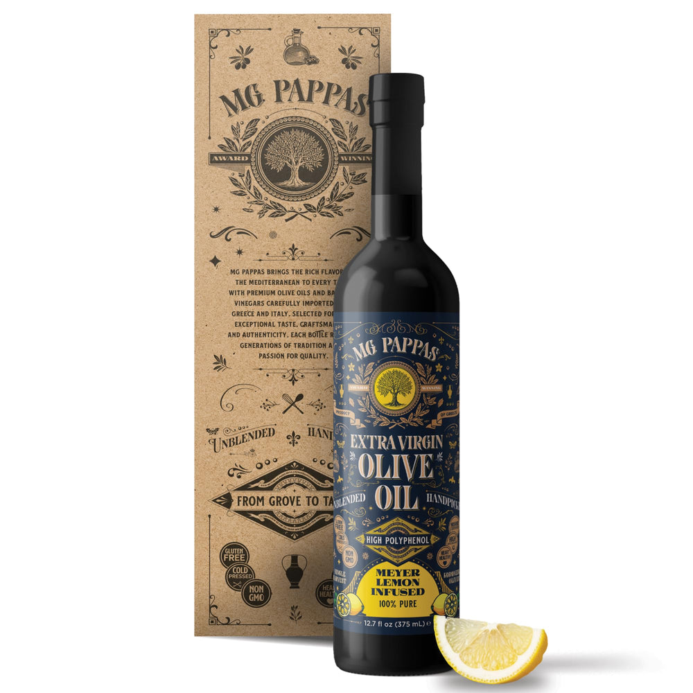 M.G. PAPPAS front bottle showing Meyer lemon EVOO and premium look