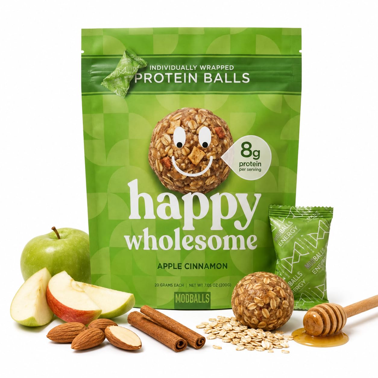 M MODBALLS front packaging showing apple cinnamon flavor and convenience
