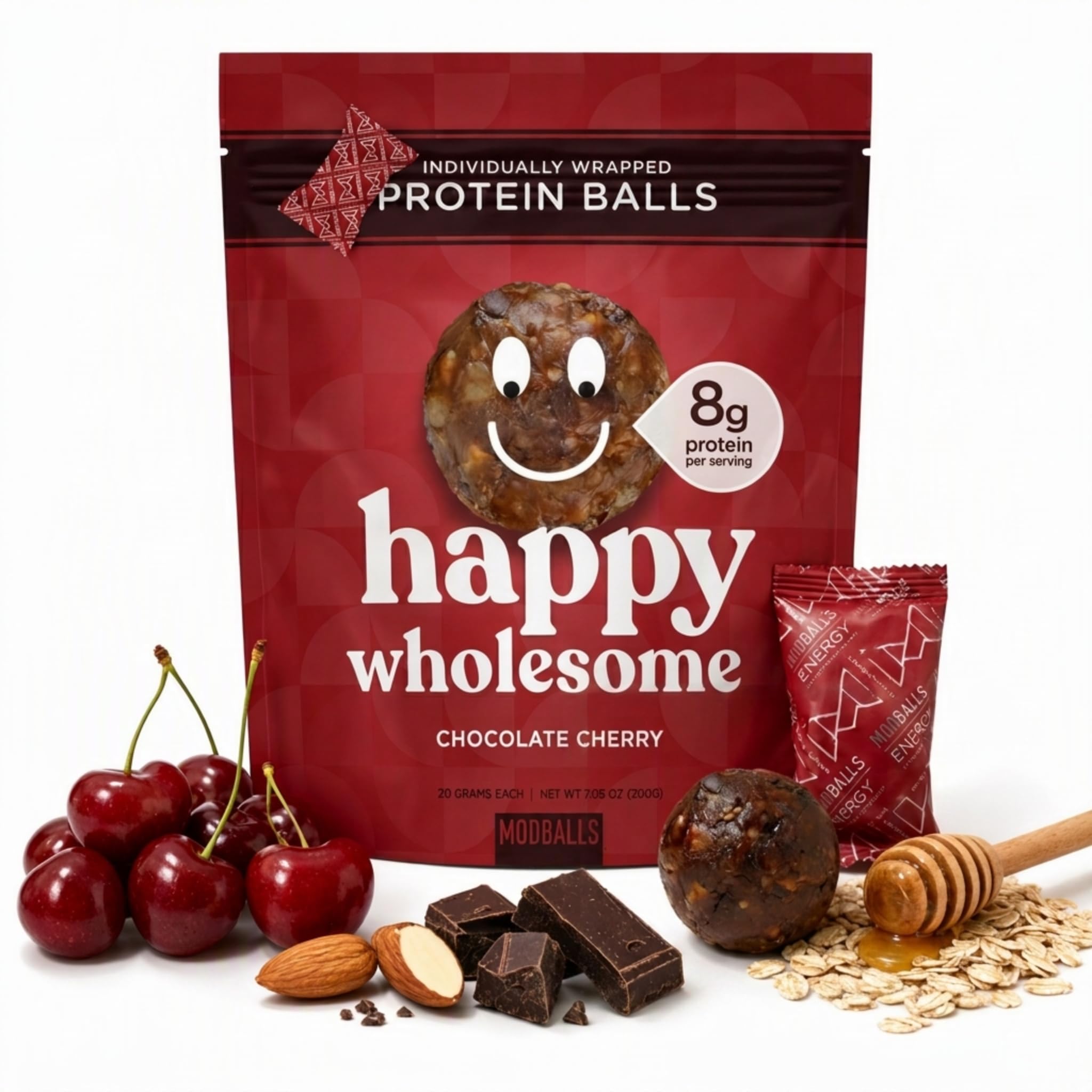 M MODBALLS front packaging showing chocolate cherry flavor and portability benefit