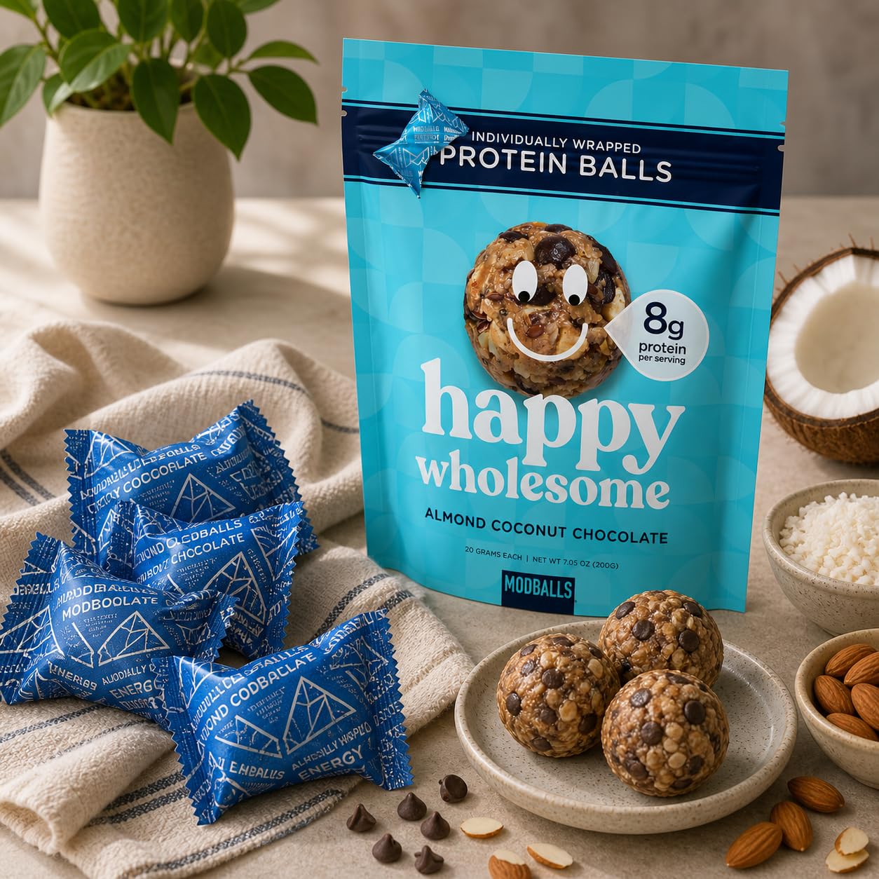 M MODBALLS inside a gym bag with water bottle, shows pre/post workout convenience