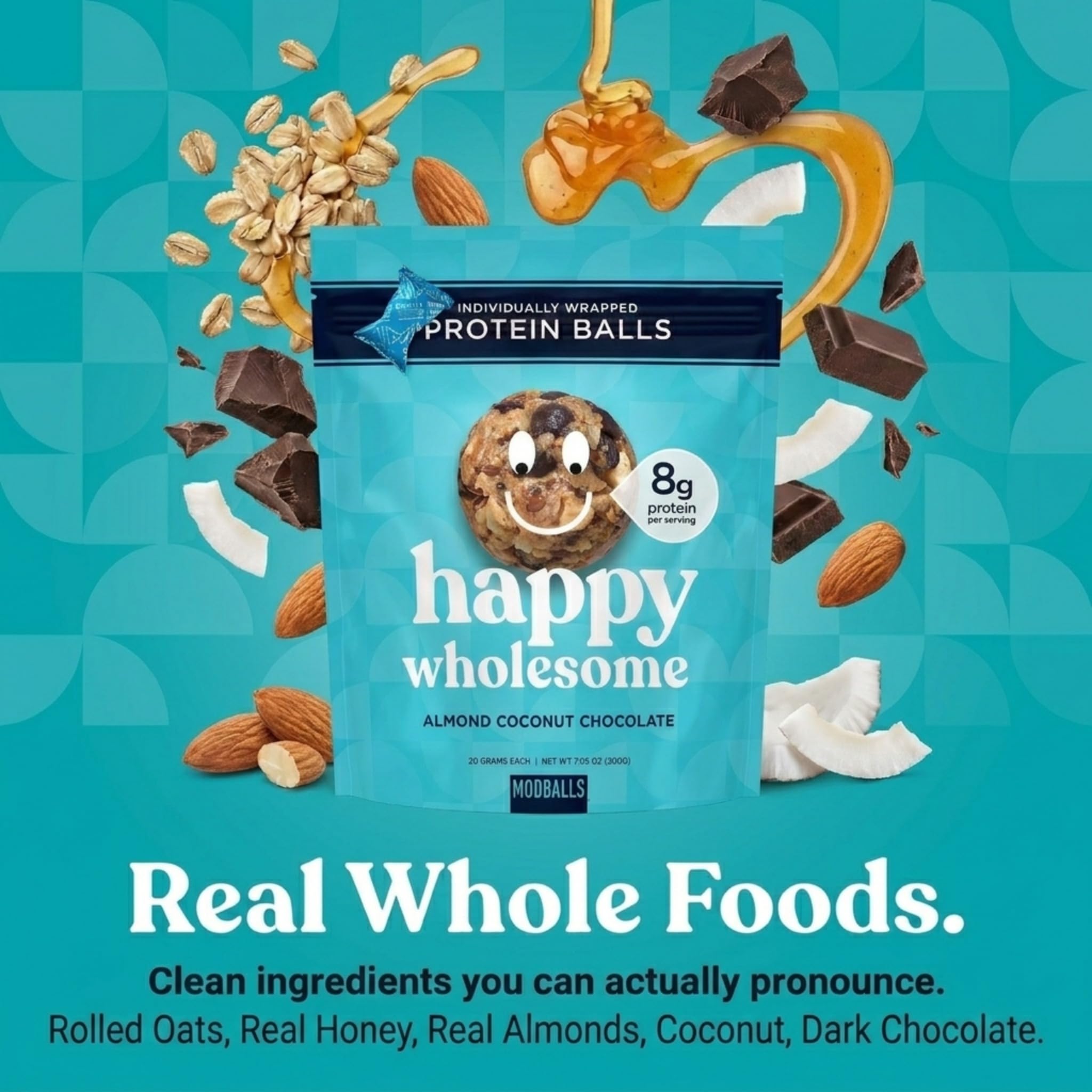 M MODBALLS raw ingredients almond coconut and cocoa staged, communicates wholesome sourcing