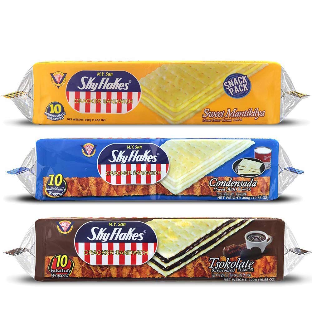M.Y. San front packaging showing assorted SkyFlakes sandwich pack, convenient snack