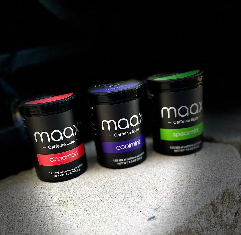 Maax Caffeinated Gum close-up texture of a single piece highlighting smooth chew and long-lasting flavor