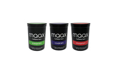 Maax Caffeinated Gum front packaging showing three bottles and 75 pieces for quick energy