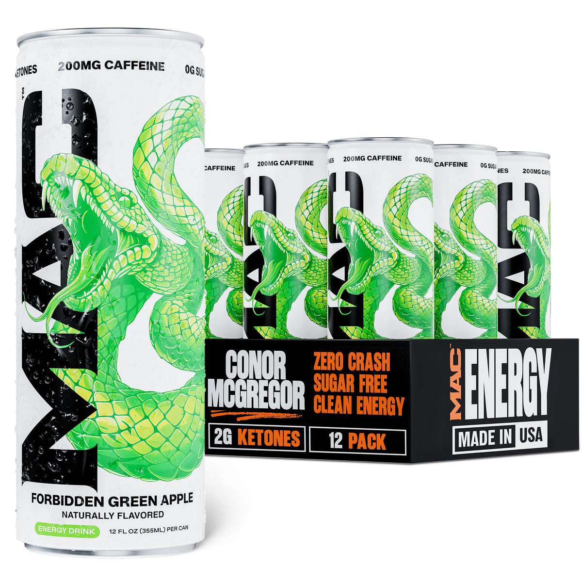 MAC Energy front can showing bold green apple flavor and branding benefit refreshment
