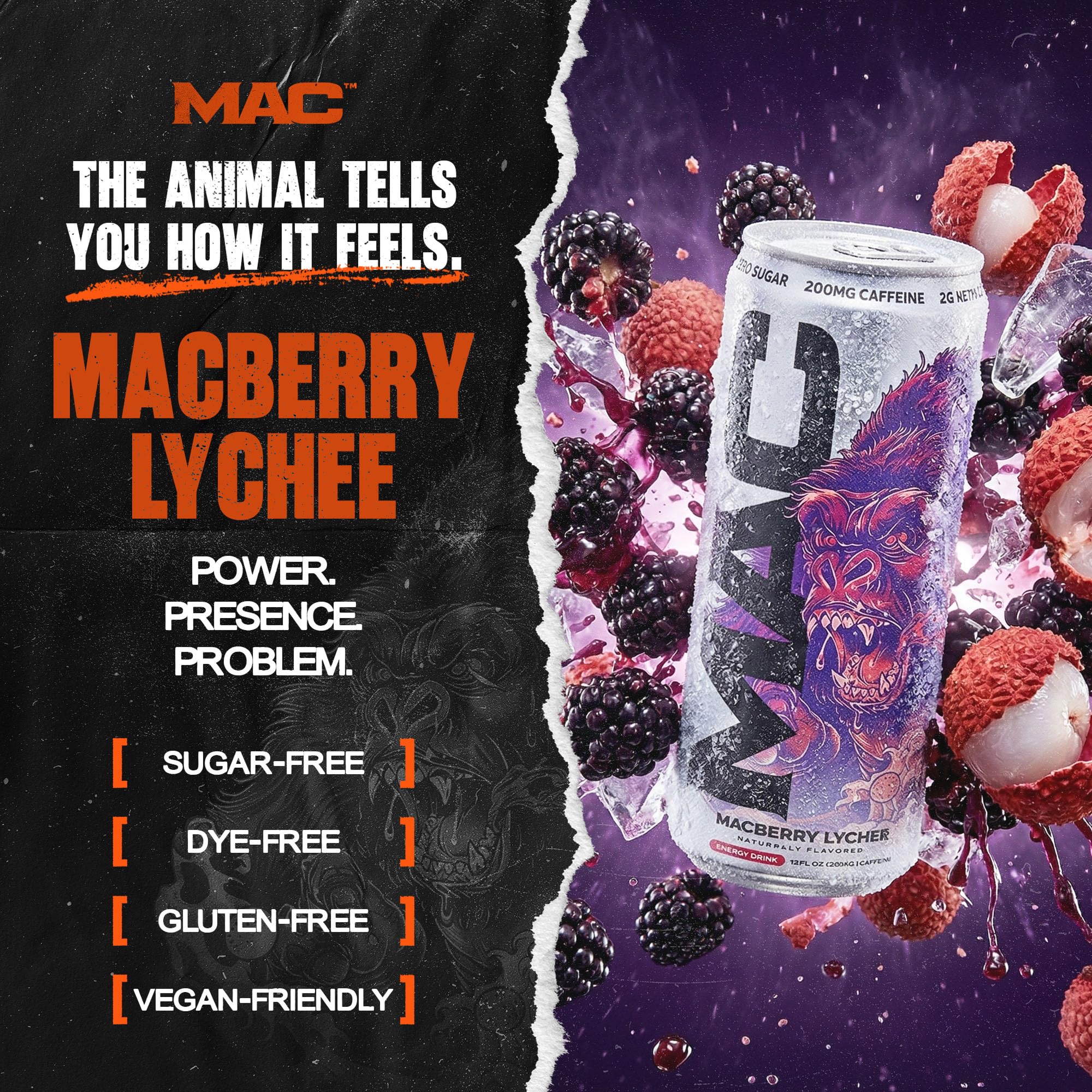 MAC Energy can opened and poured into glass showing refreshing beverage look