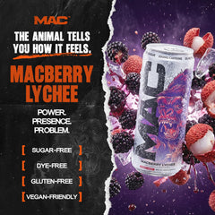 MAC Energy can opened and poured into glass showing refreshing beverage look