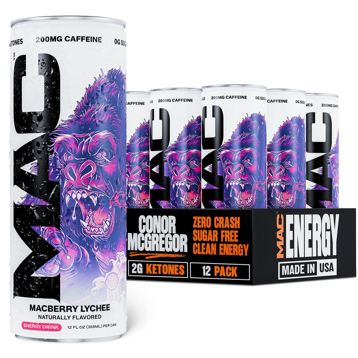 MAC Energy front can showing Macberry Lychee branding and zero sugar benefits