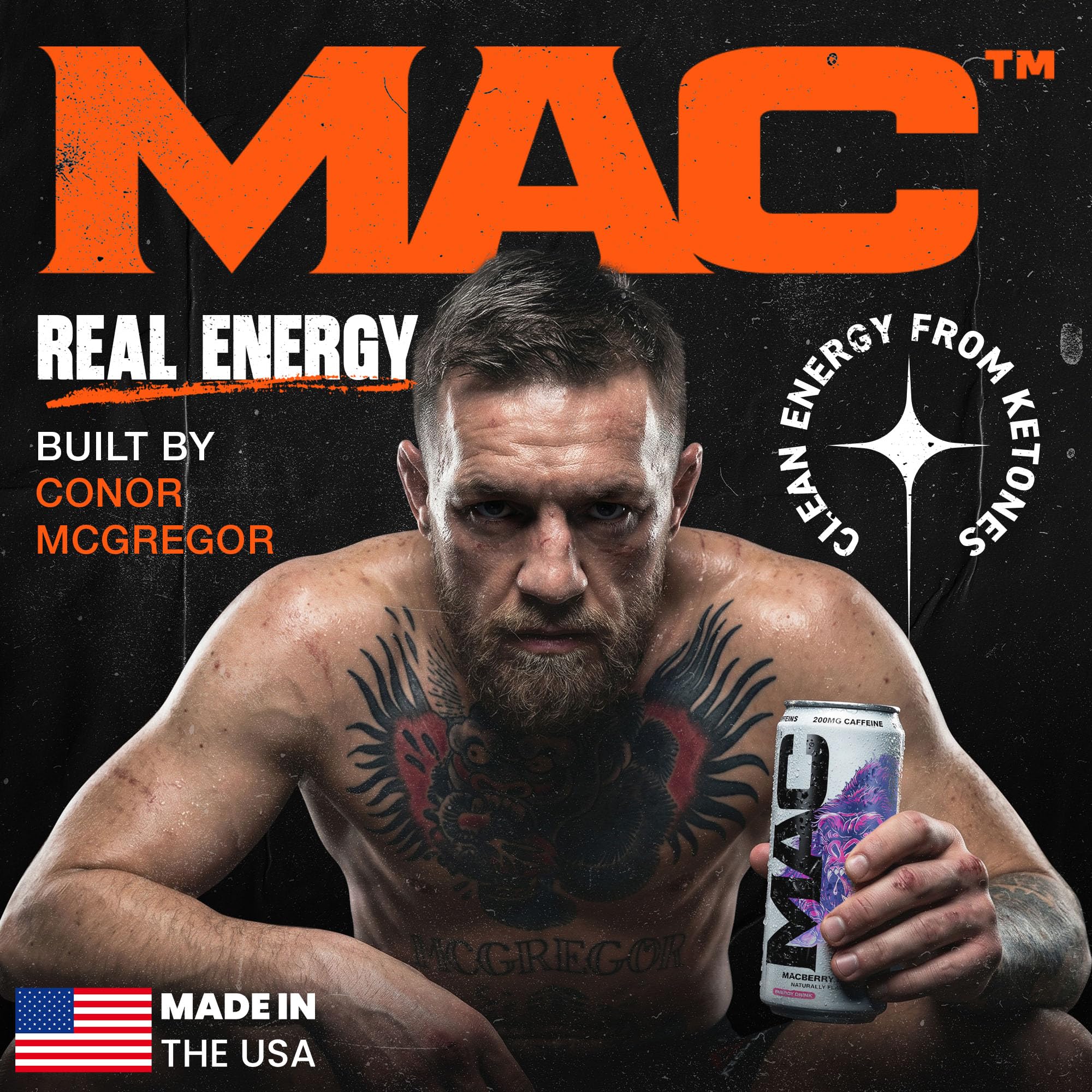 MAC Energy close view of label details highlighting ketones and 200mg caffeine