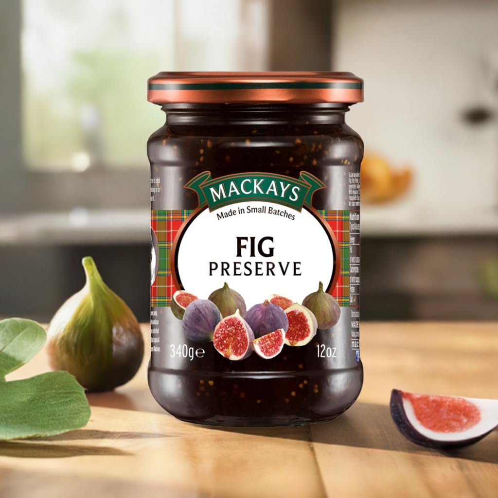 Mackays fig preserve top view showing jam texture and rich color, ready to serve