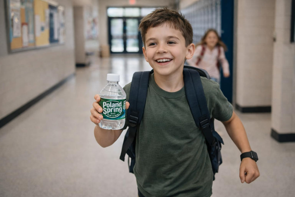 Macouba Poland Spring bottle inside lunchbox illustrating portability for kids' meals