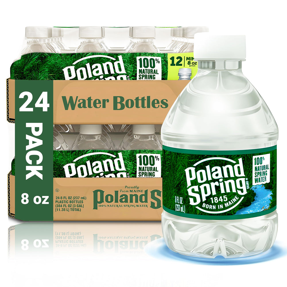 Macouba Poland Spring front packaging showing 24-pack convenience and compact storage