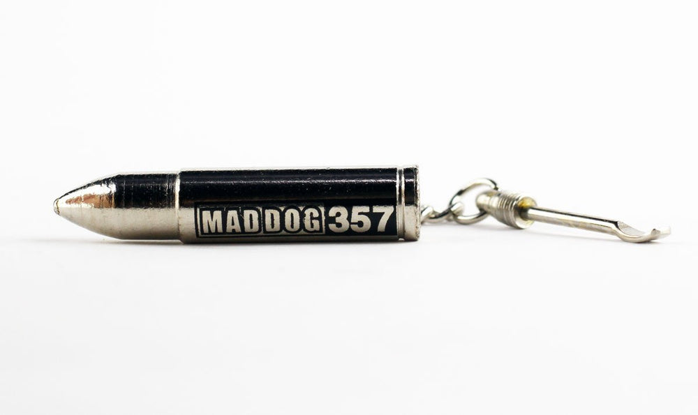 Mad Dog 357 Silver bullet keychain close-up highlighting portability and secure cap