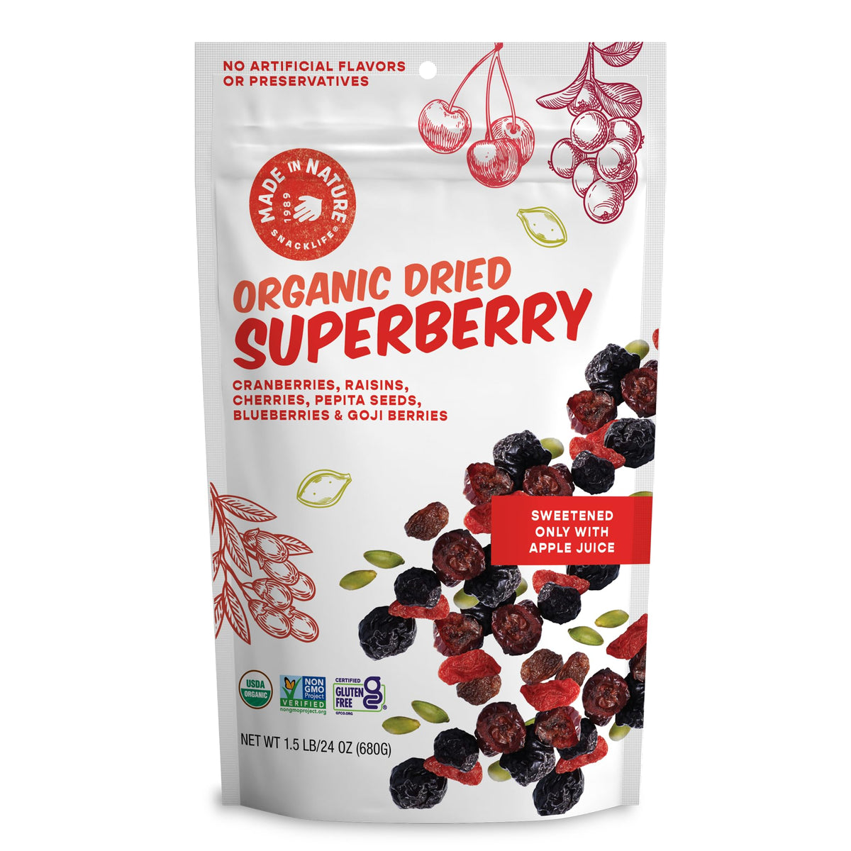Made In Nature front packaging showing 24-ounce bag and organic label for quick ID and trust