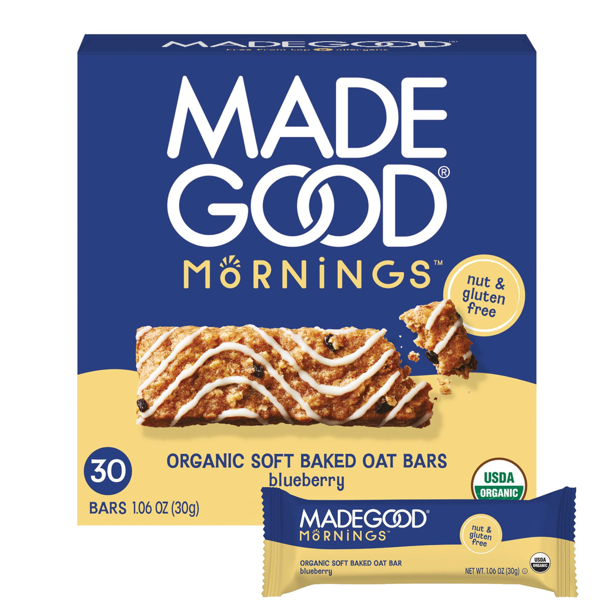 MadeGood front packaging showing 30-pack and blueberry benefit