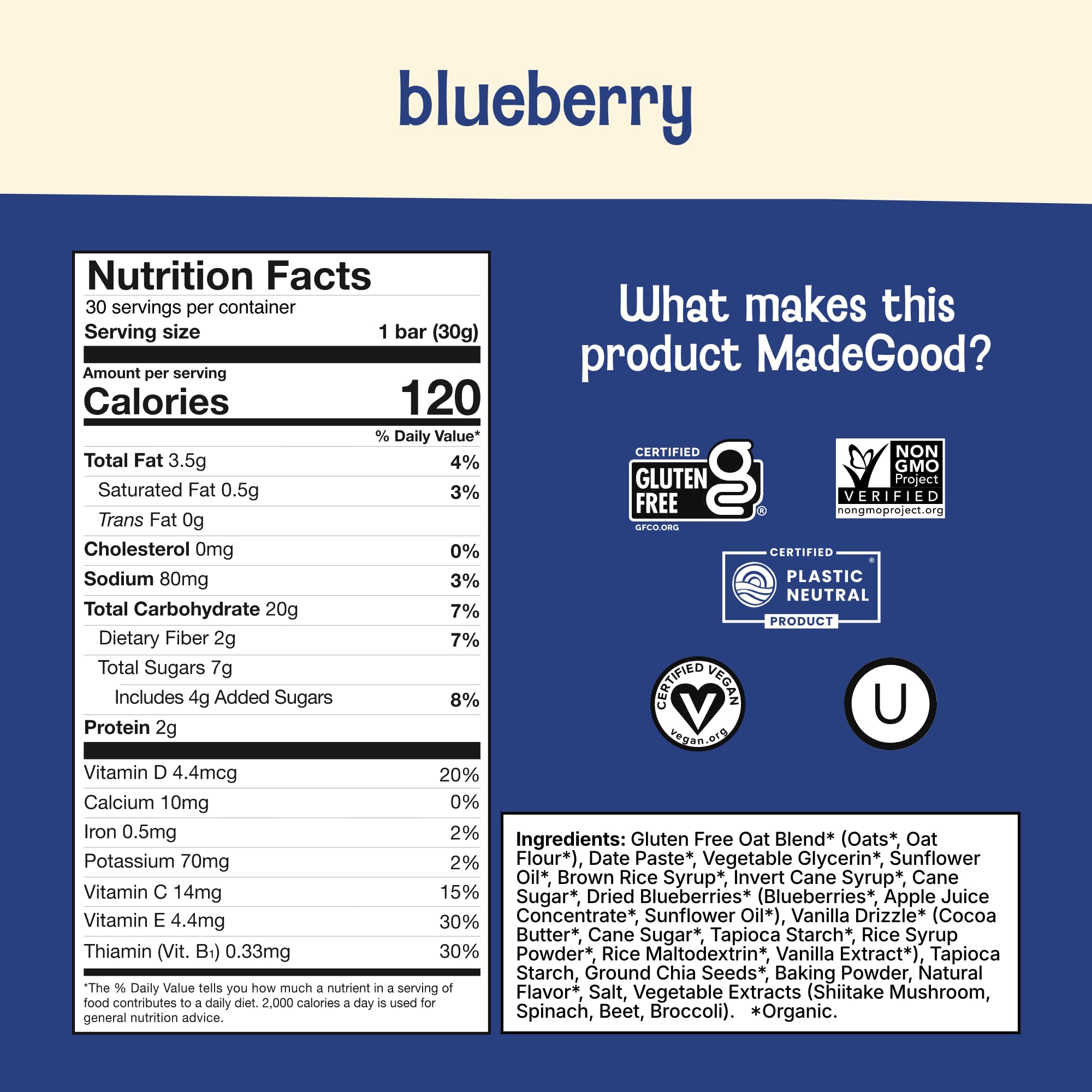 MadeGood nutrition label close-up showing certifications and ingredient clarity benefit