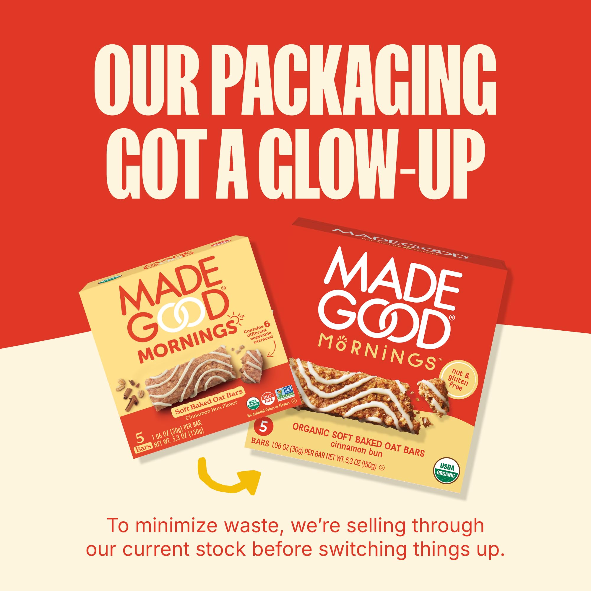Open bulk box of MadeGood 30-pack cinnamon bun bars ready for pantry storage