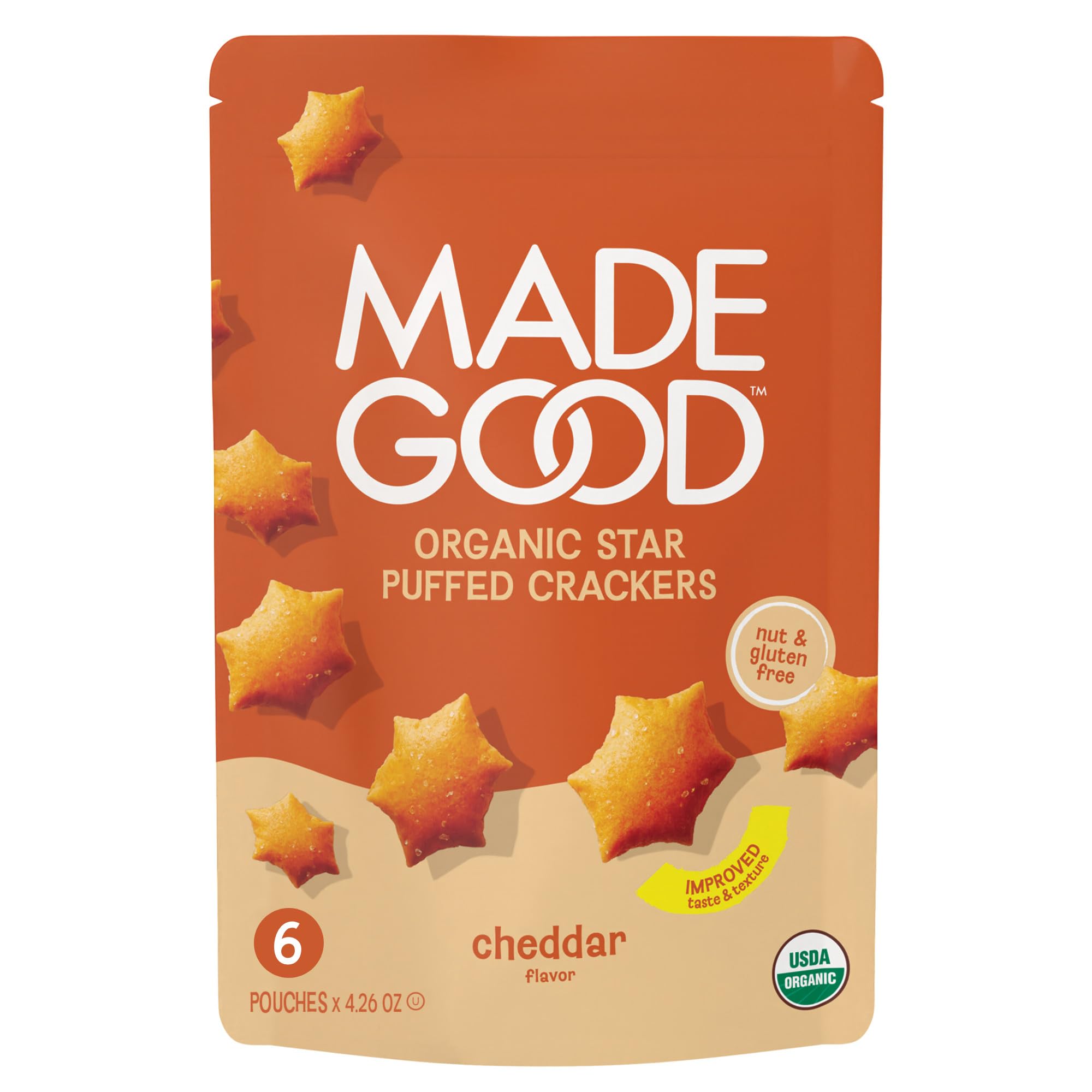 MadeGood front packaging showing six cheddar star bags and clear labeling