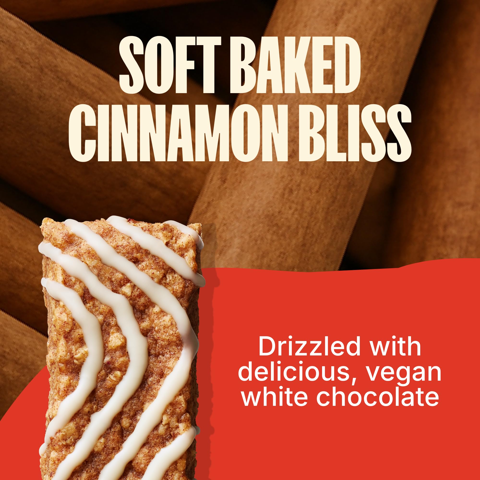 MadeGood unwrapped cinnamon bun bar cross-section showing soft interior and texture benefit