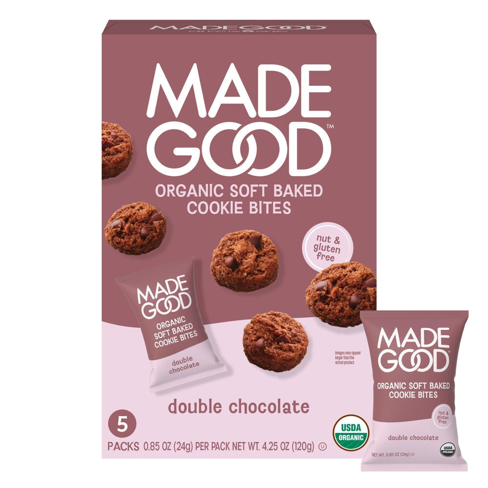 MadeGood front packaging showing 30-pack mini cookies, convenient storage