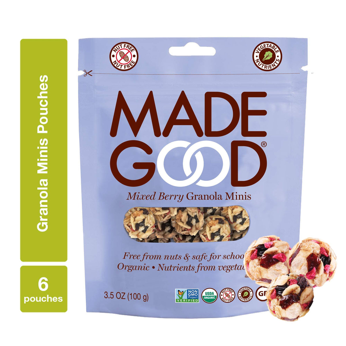 MadeGood front packaging for Mixed Berry Granola Minis showing organic label and benefits