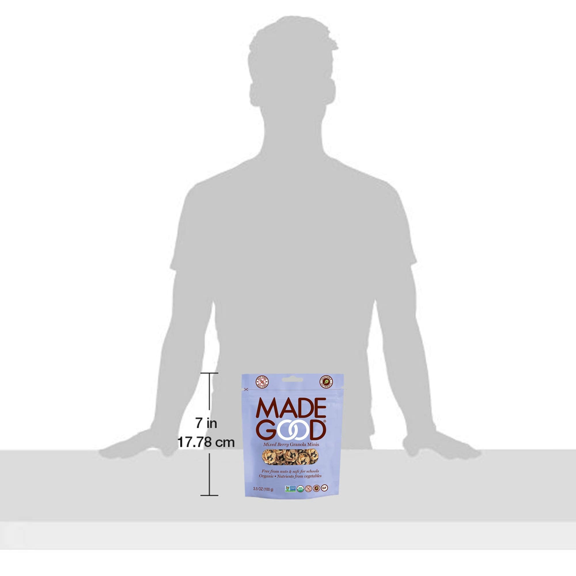 MadeGood pouch held in hand for scale showing single-serve 3.5 oz portability