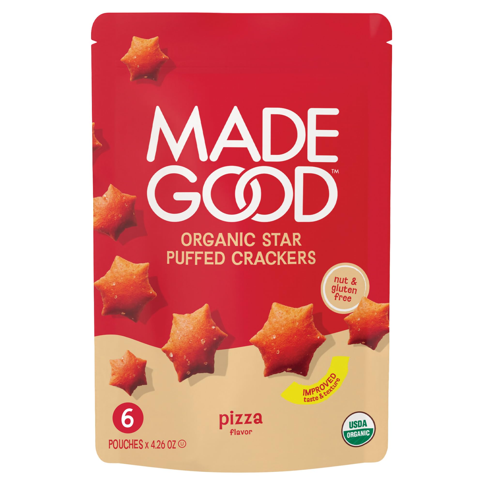 MadeGood front pack showing pizza star crackers and resealable bag benefit