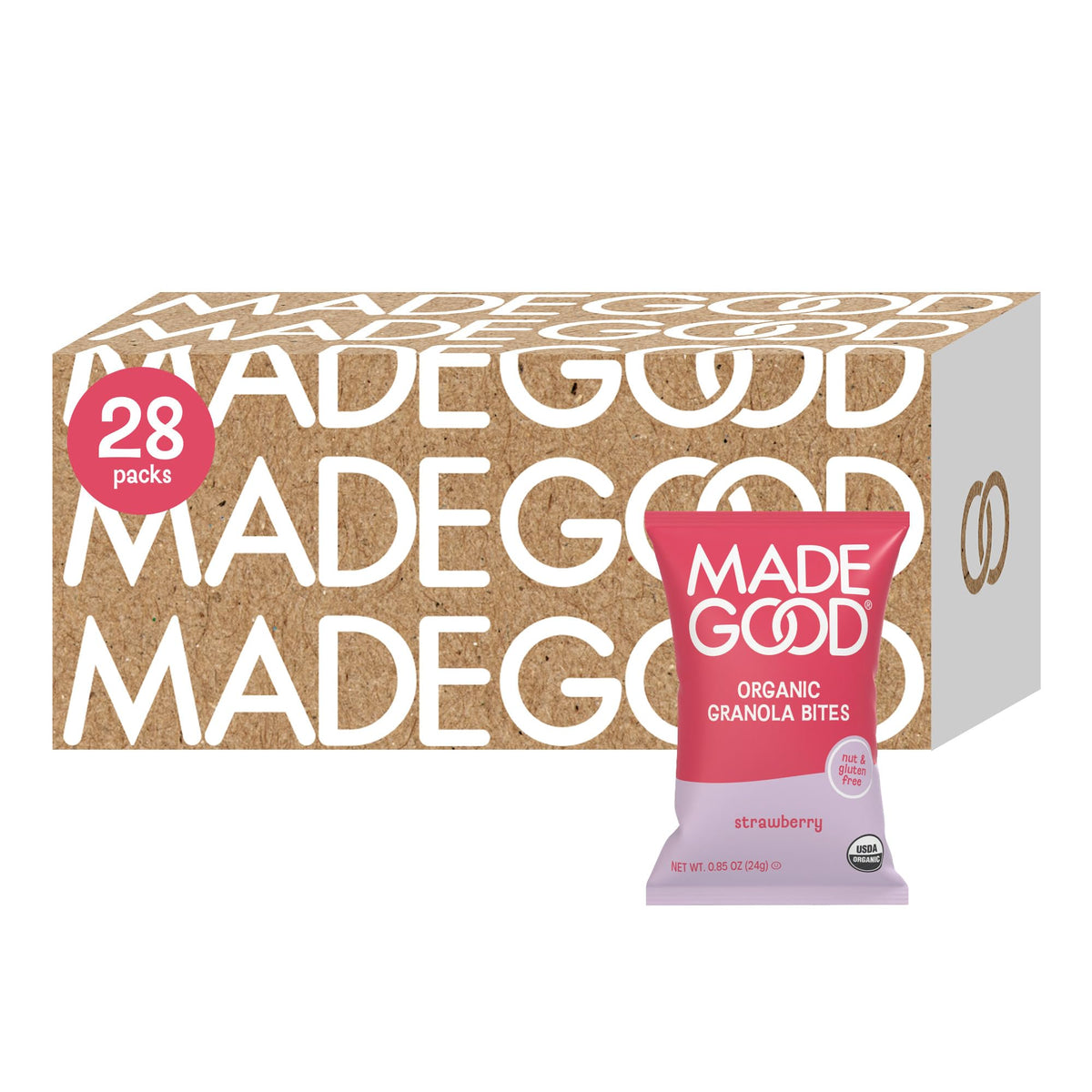 MadeGood front packaging showing box of strawberry granola bites, highlights convenience