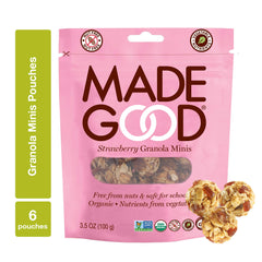 MadeGood front packaging showing six strawberry granola pouches and benefits