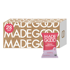 MadeGood front packaging showing box of strawberry granola bites, highlights convenience