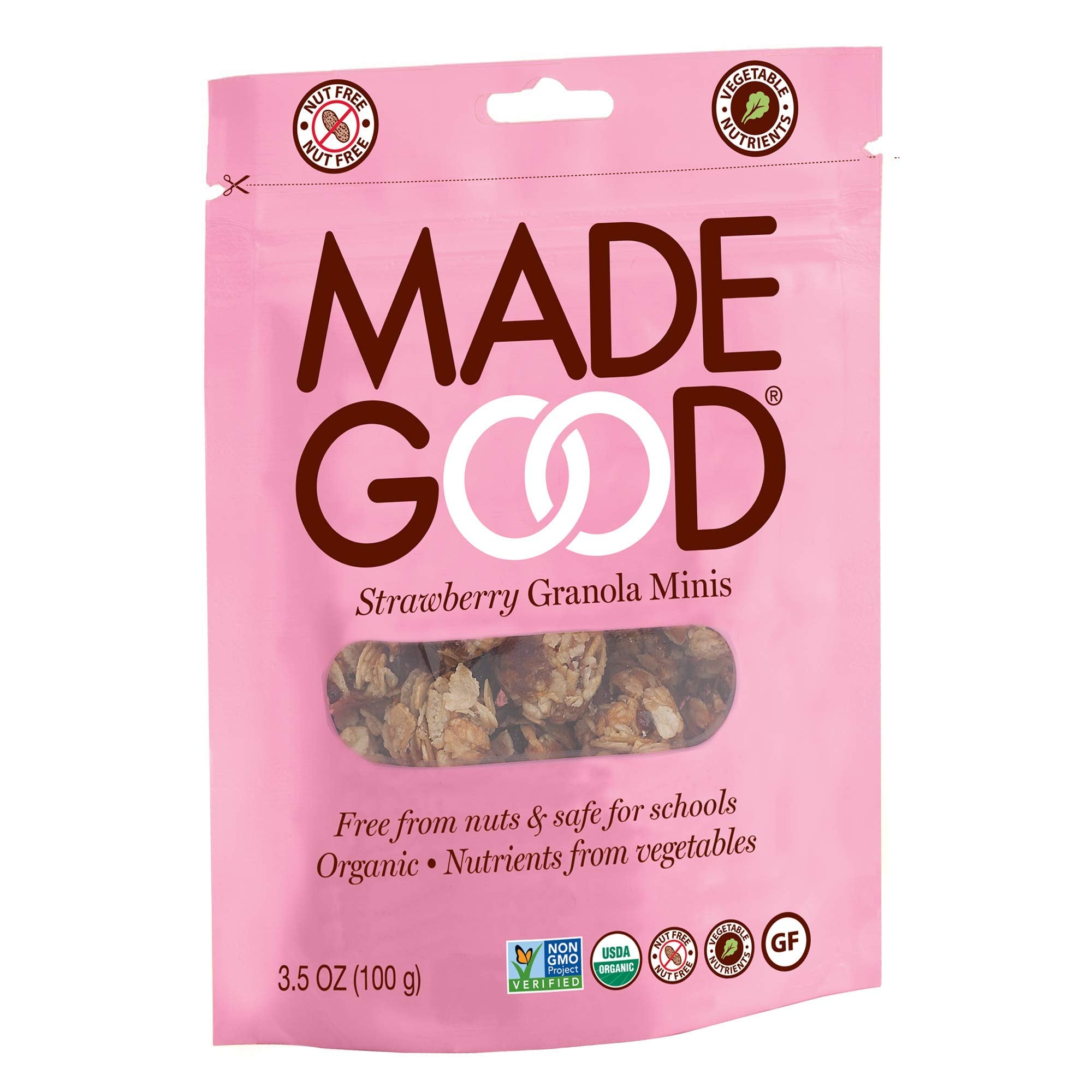 MadeGood open pouch showing crunchy granola clusters with strawberry pieces