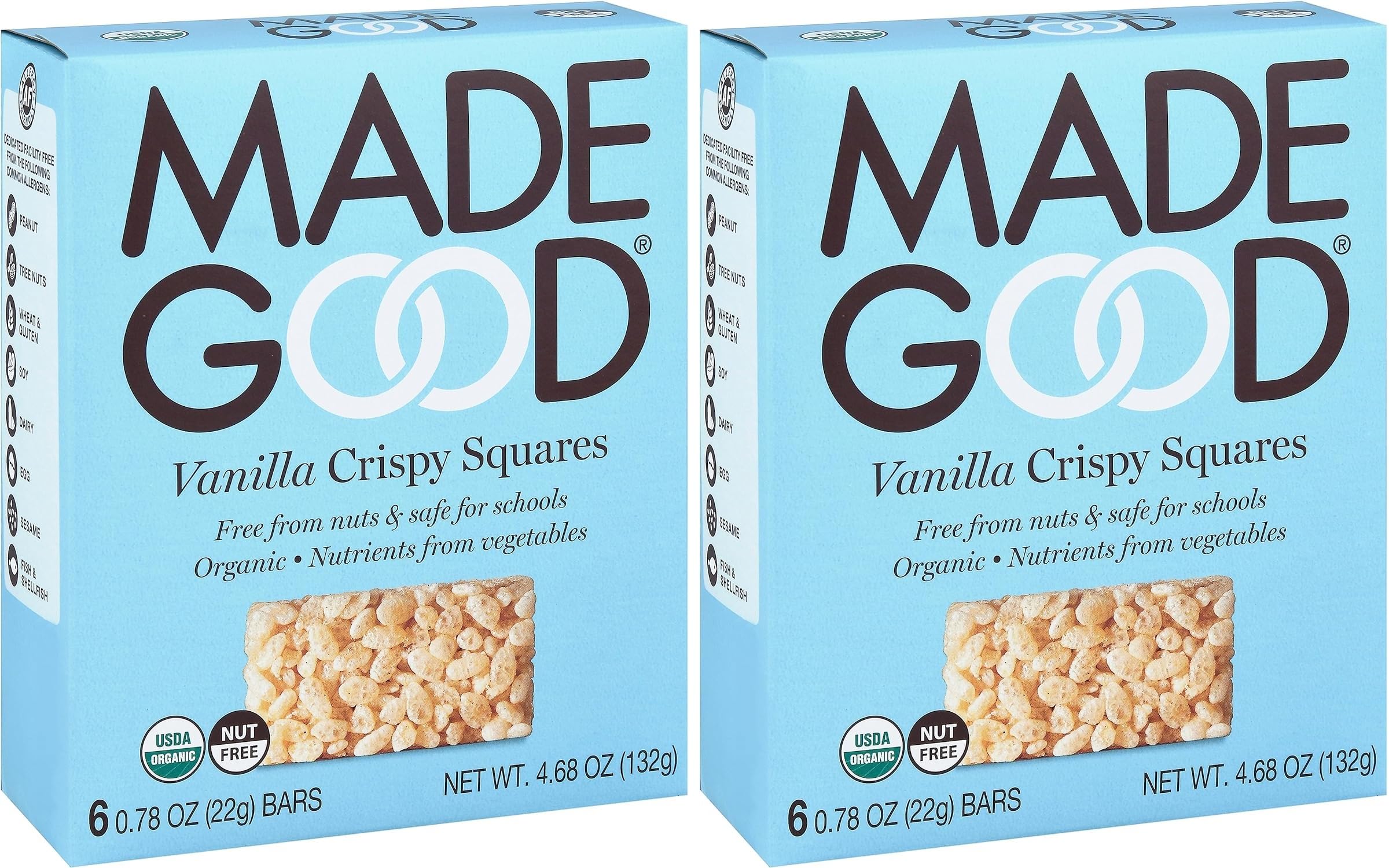 MadeGood front packaging showing two vanilla crispy squares, highlights allergy-friendly benefit