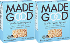 MadeGood front packaging showing two vanilla crispy squares, highlights allergy-friendly benefit