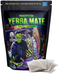 MADFLOW front packaging showing 100 tea bags and resealable pouch benefits