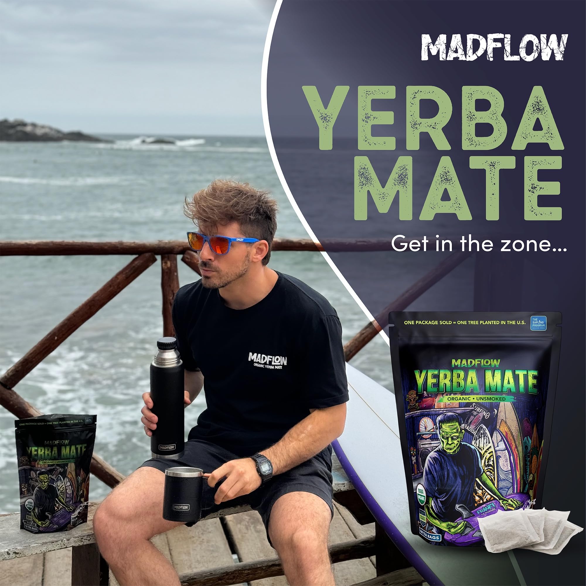 MADFLOW pouch beside mug showing size scale and long-lasting value