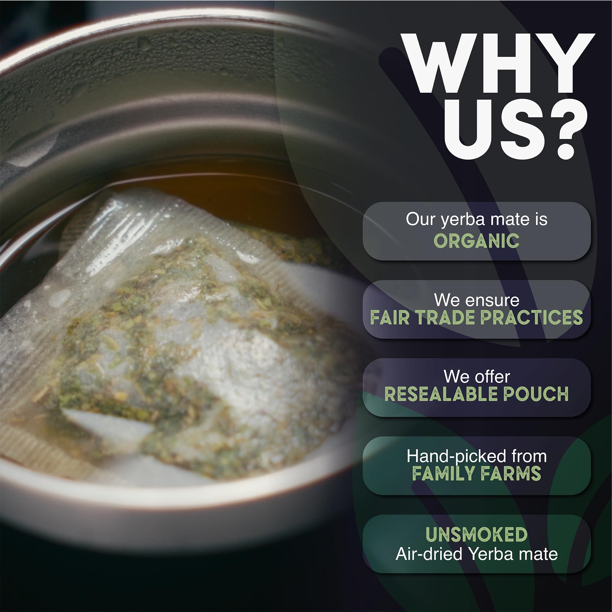 MADFLOW tea bag close-up showing organic leaf texture and filtration benefit