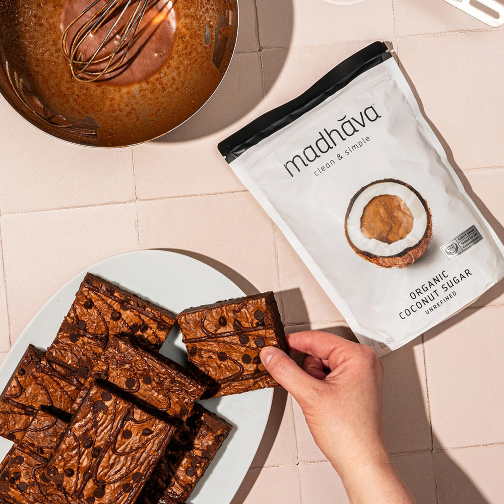 Madhava close-up of coconut sugar granules highlighting natural texture and caramel notes