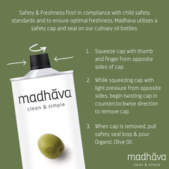 Madhava olive oil pour close-up showing smooth texture and rich color